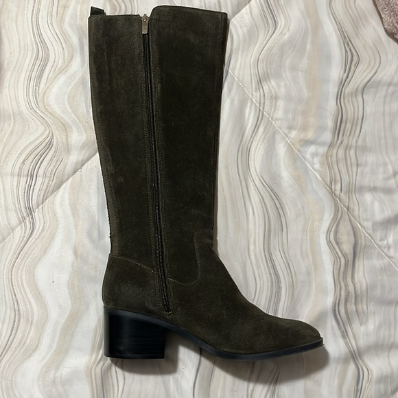 Marc Fisher Rela riding boots, block heel. Winter Olive Green Suede - Picture 3 of 8